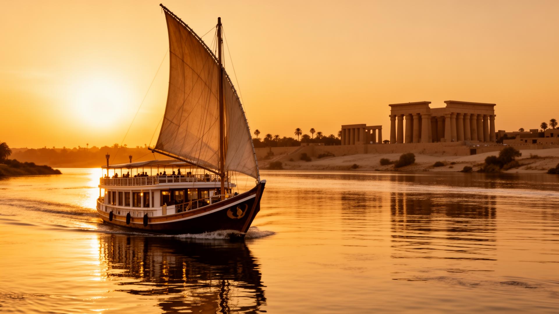 Dahabiya naviguant sur le Nil au coucher du soleil près de Louxor