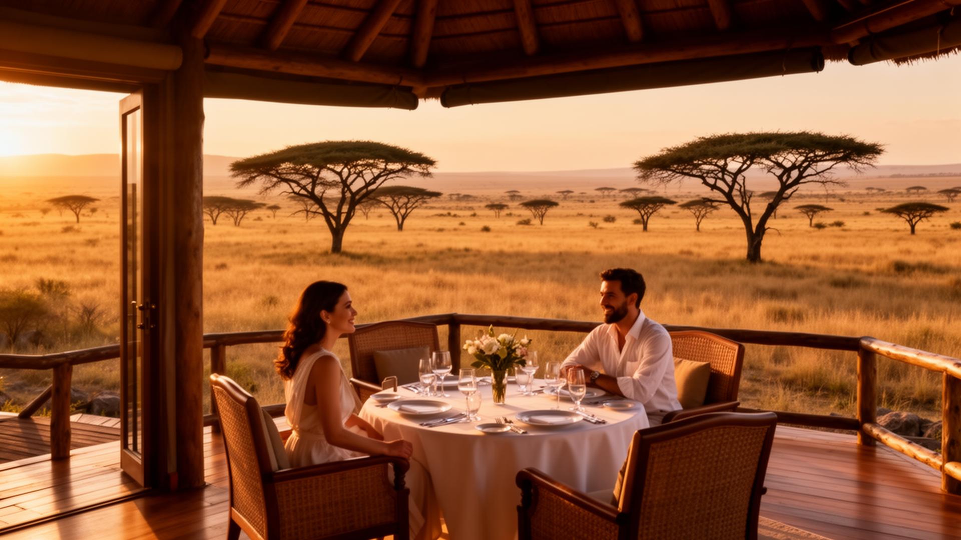 Couple dînant en terrasse d'un lodge safari face à la savane du Masai Mara