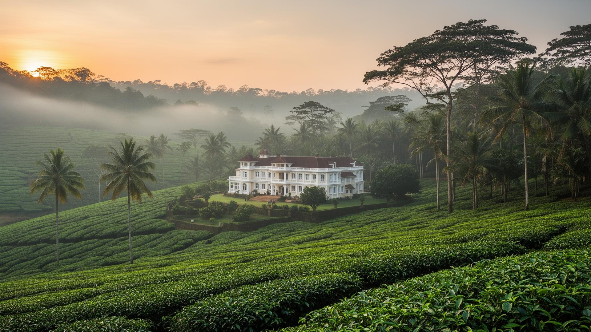 Hôtel colonial entouré de plantations de thé dans les montagnes du Sri Lanka à l'aube