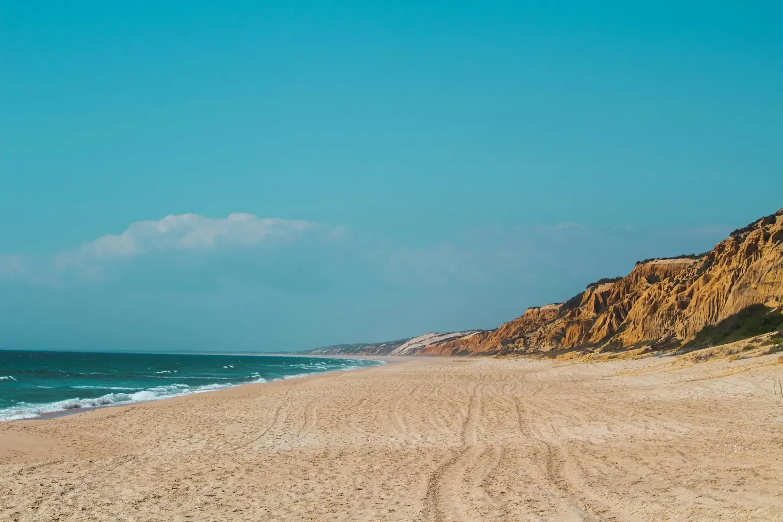 Longue plage vide au pied des falaises, littoral de l'Alentejo