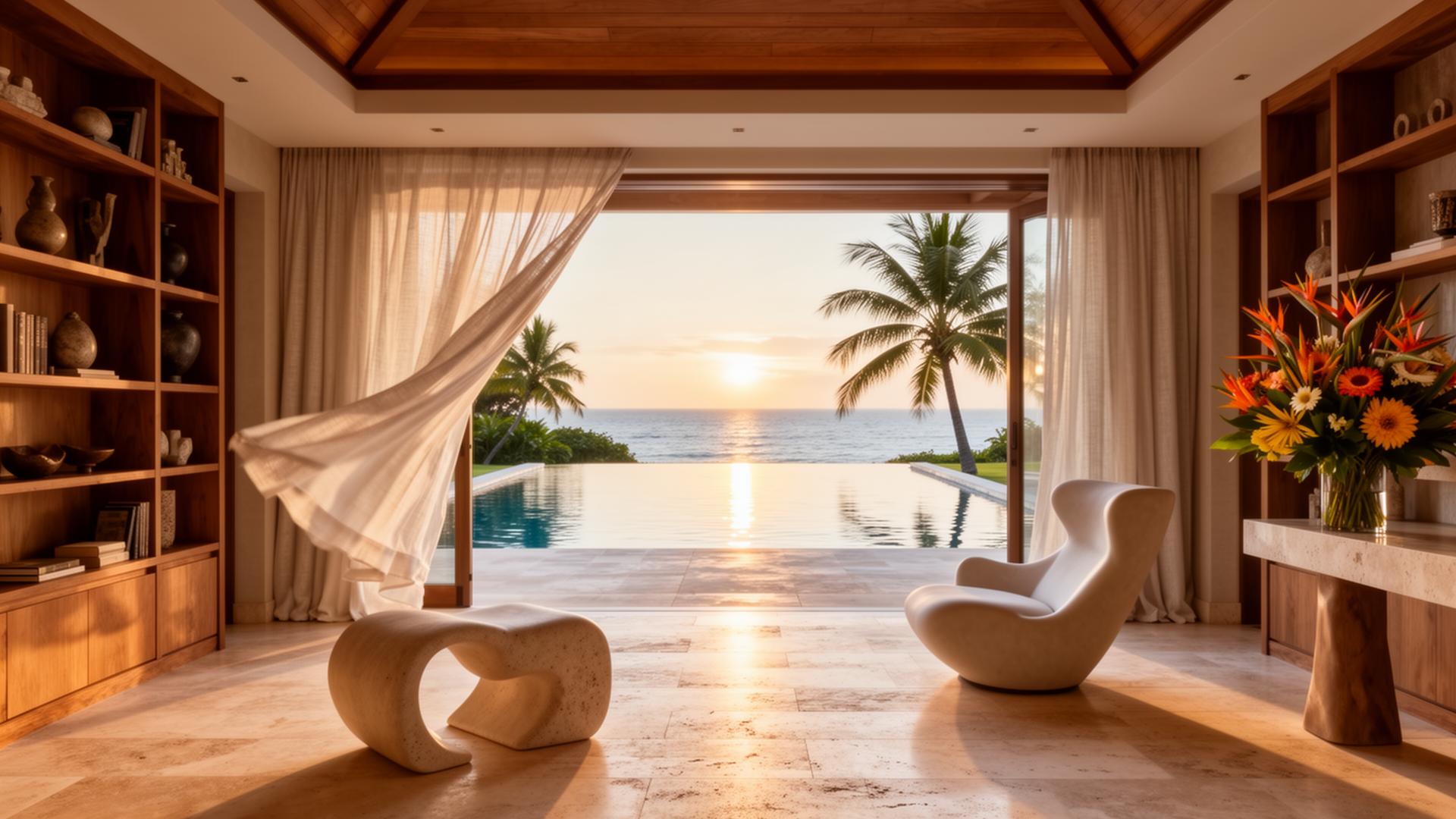 Intérieur d'une villa de luxe ouverte sur l'océan — ADN Voyage